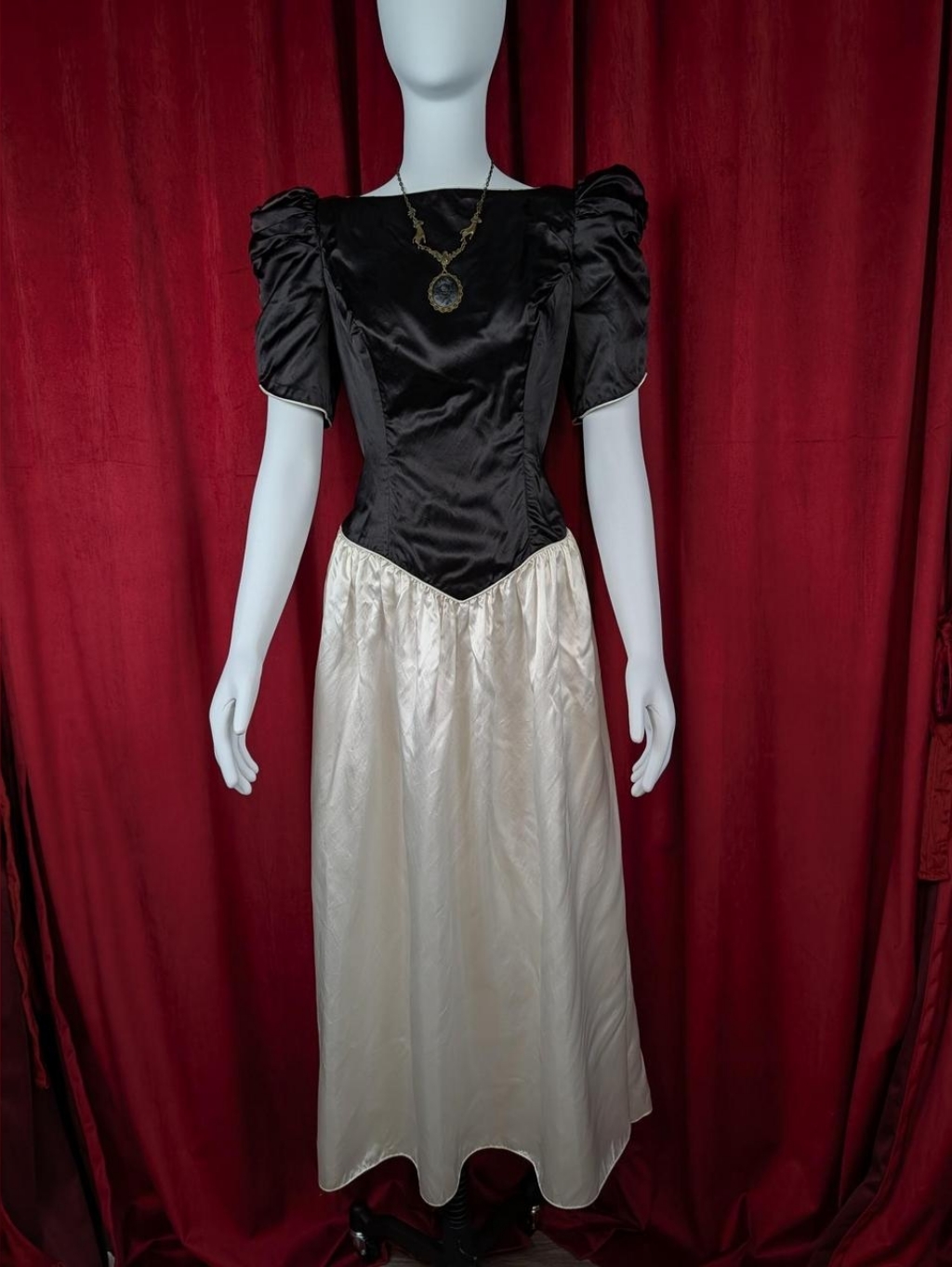 Vintage Union Made Black & White Satin Basque Waist Short Puff Sleeve Gown